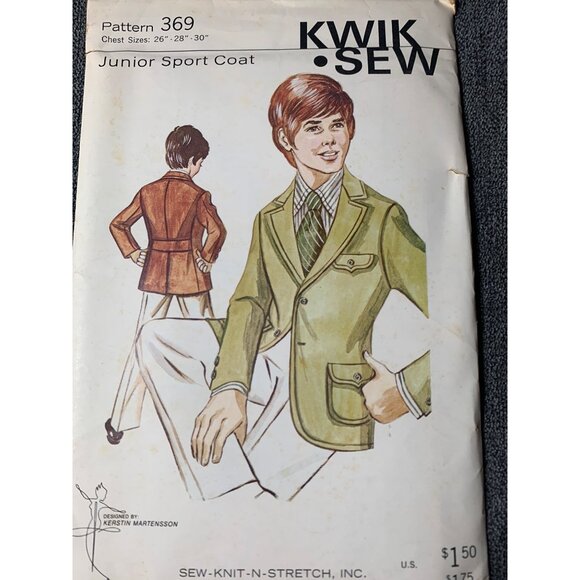 Kwik Sew Boys Junior Sport Coat Sewing Pattern Chest sz 26-30 369 - uncut - Picture 8 of 10